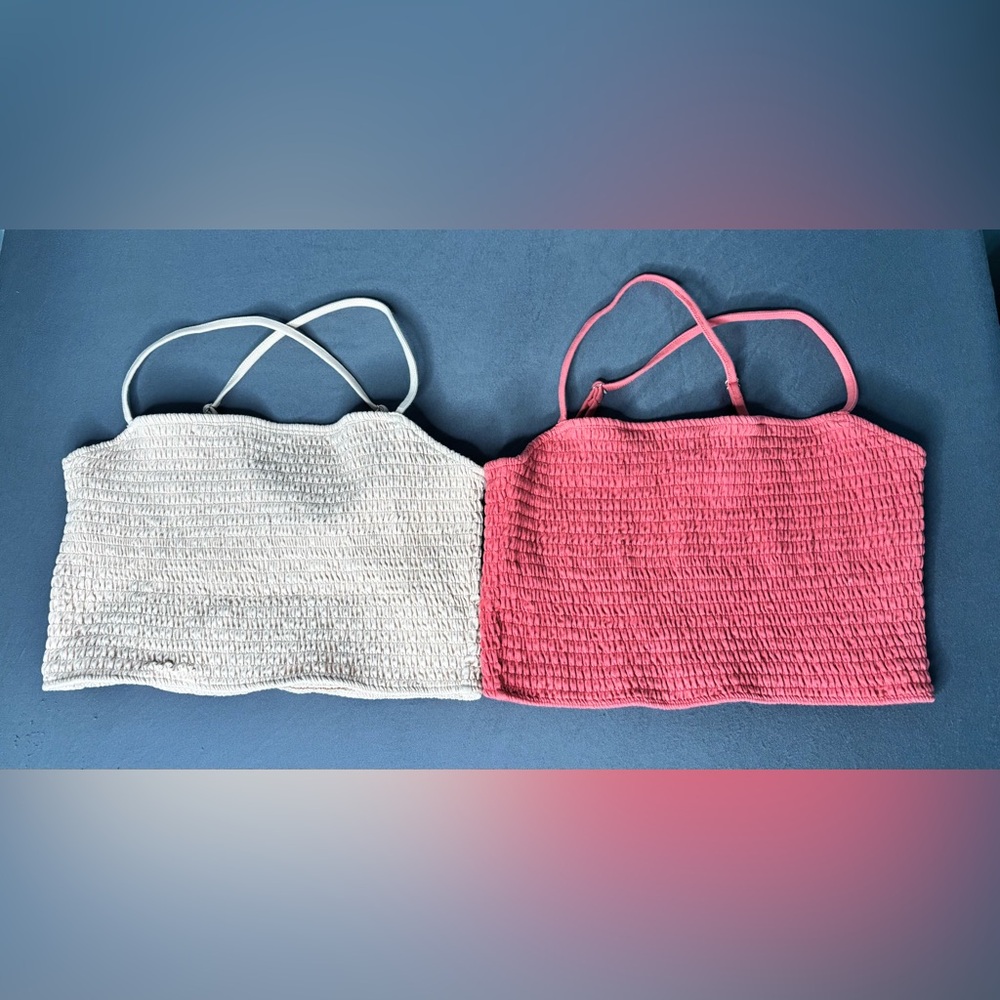 Forever 21 Smocked Stretchy Adjustable Tube Top Lot of 2 Peach Pink Crop Top L